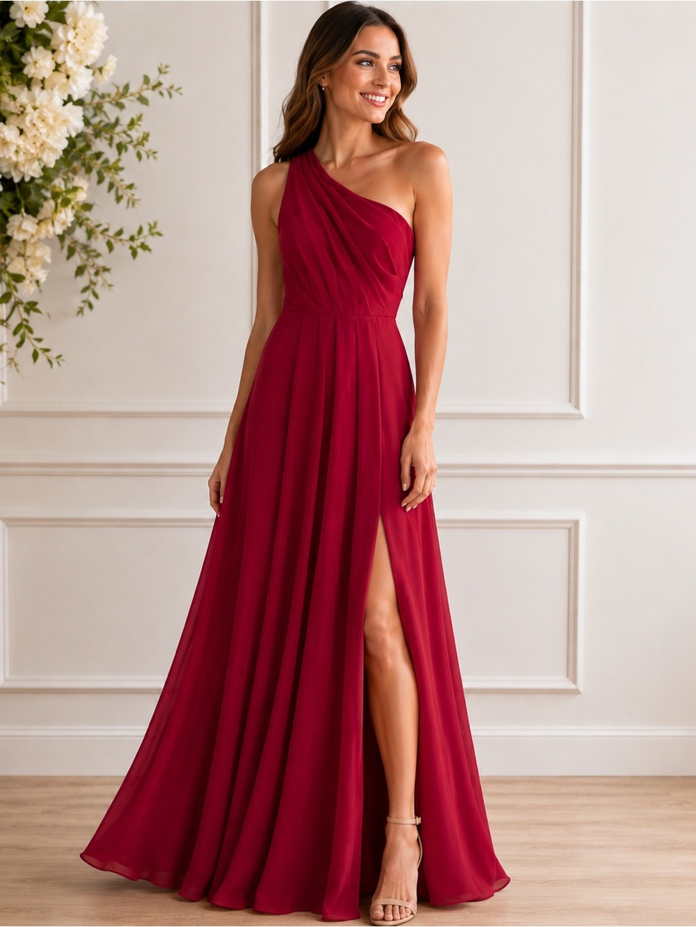 Azazie One-Shoulder Maxi Chiffon Formal Bridesmaid Dress Burgundy Red - Size A8 - Picture 1 of 11